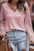 Textured Ribbed V Neck Lace Trim Long Sleeve Top