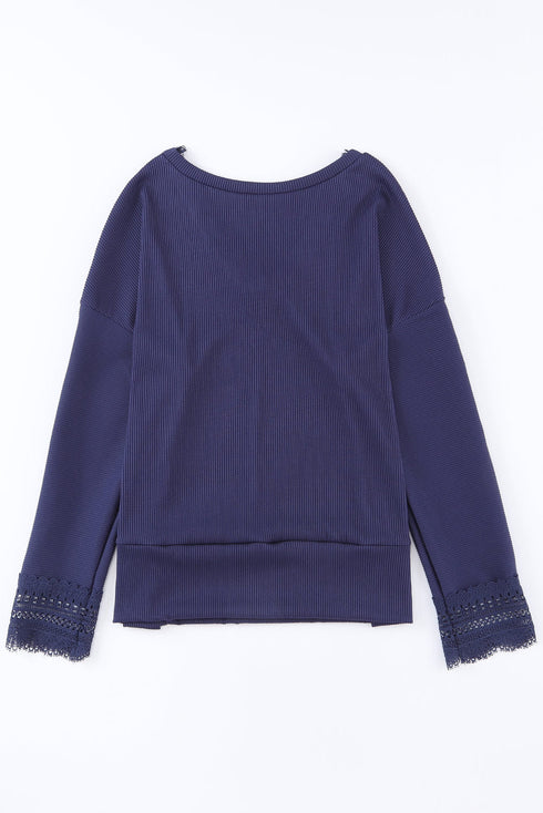Textured Ribbed V Neck Lace Trim Long Sleeve Top