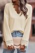 Textured Ribbed V Neck Lace Trim Long Sleeve Top
