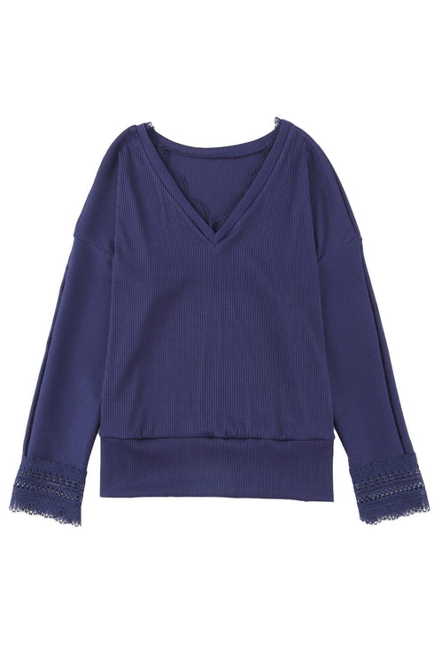 Textured Ribbed V Neck Lace Trim Long Sleeve Top