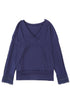 Textured Ribbed V Neck Lace Trim Long Sleeve Top