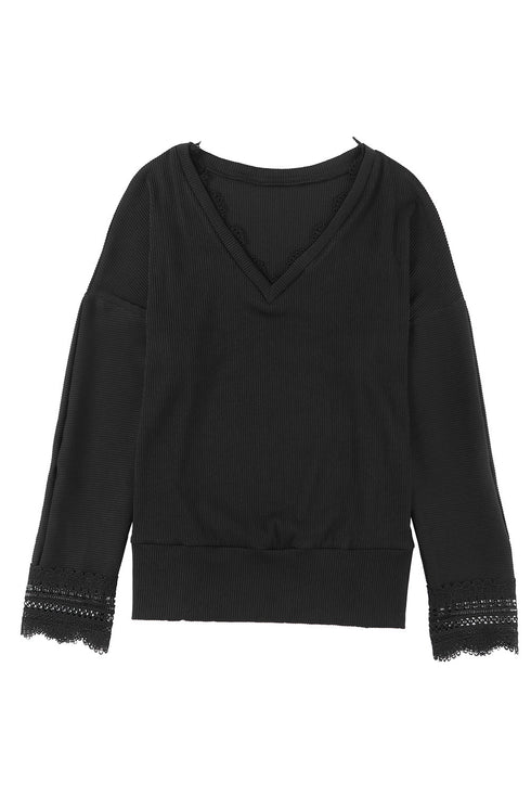 Textured Ribbed V Neck Lace Trim Long Sleeve Top
