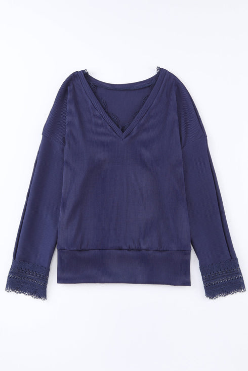 Textured Ribbed V Neck Lace Trim Long Sleeve Top