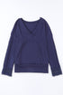 Textured Ribbed V Neck Lace Trim Long Sleeve Top