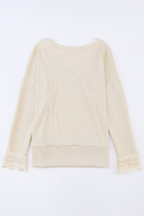 Textured Ribbed V Neck Lace Trim Long Sleeve Top