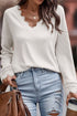 Textured Ribbed V Neck Lace Trim Long Sleeve Top