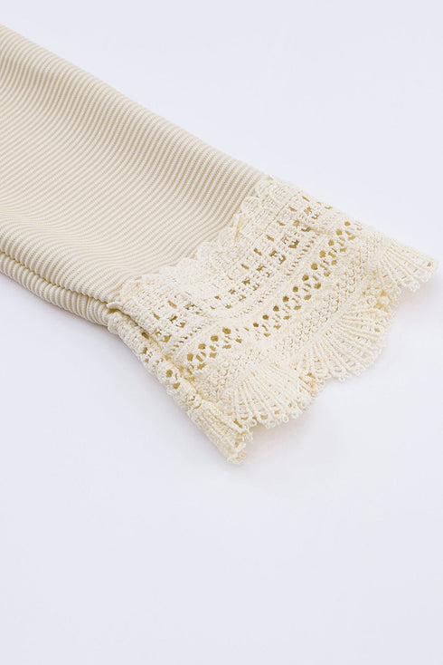 Textured Ribbed V Neck Lace Trim Long Sleeve Top