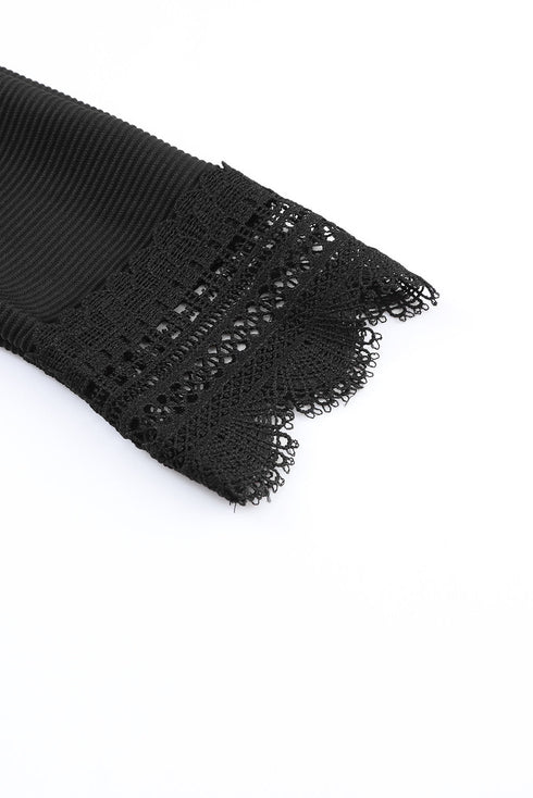 Textured Ribbed V Neck Lace Trim Long Sleeve Top