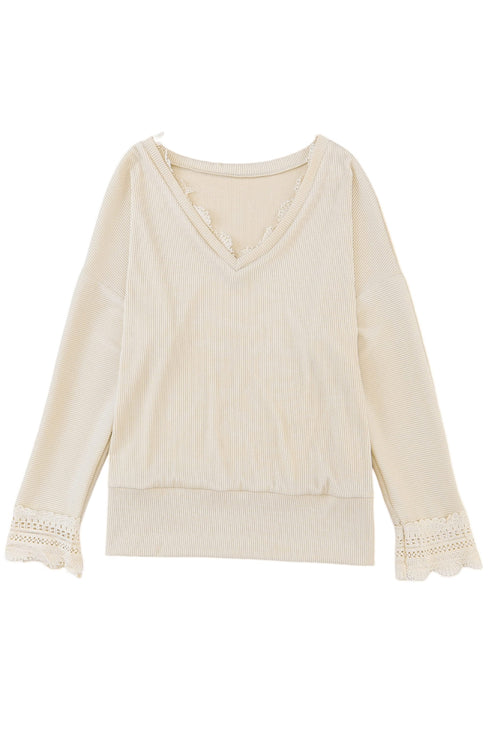 Textured Ribbed V Neck Lace Trim Long Sleeve Top
