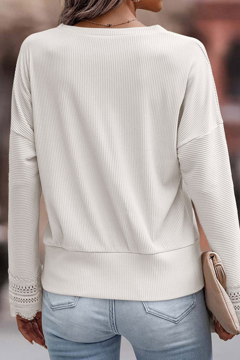 Textured Ribbed V Neck Lace Trim Long Sleeve Top
