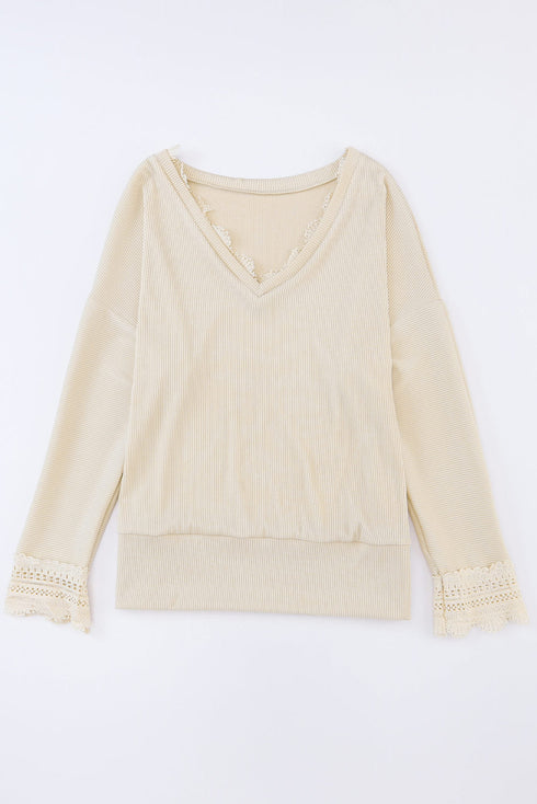 Textured Ribbed V Neck Lace Trim Long Sleeve Top