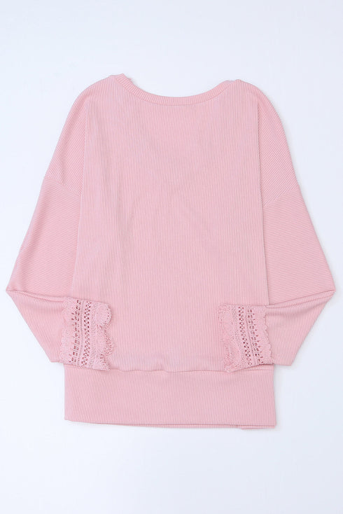 Textured Ribbed V Neck Lace Trim Long Sleeve Top