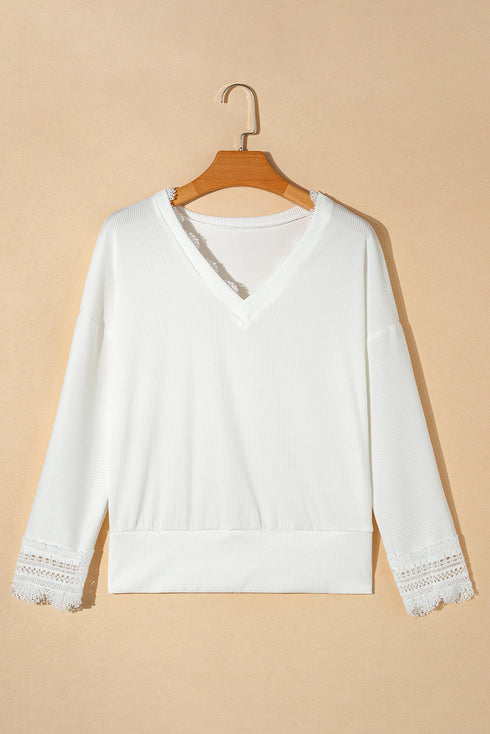 Textured Ribbed V Neck Lace Trim Long Sleeve Top