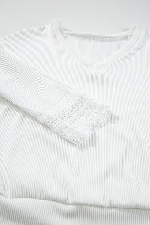 Textured Ribbed V Neck Lace Trim Long Sleeve Top