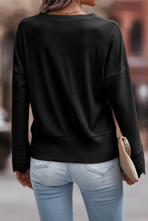 Textured Ribbed V Neck Lace Trim Long Sleeve Top
