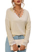 Textured Ribbed V Neck Lace Trim Long Sleeve Top