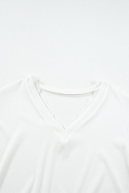 Textured Ribbed V Neck Lace Trim Long Sleeve Top