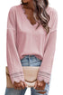 Textured Ribbed V Neck Lace Trim Long Sleeve Top