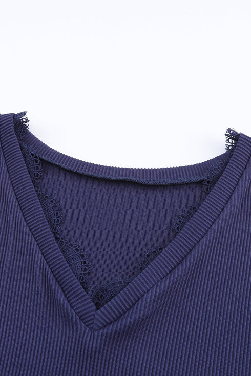 Textured Ribbed V Neck Lace Trim Long Sleeve Top