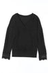 Textured Ribbed V Neck Lace Trim Long Sleeve Top