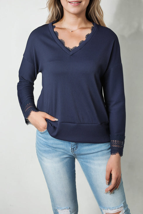 Textured Ribbed V Neck Lace Trim Long Sleeve Top
