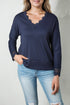 Textured Ribbed V Neck Lace Trim Long Sleeve Top