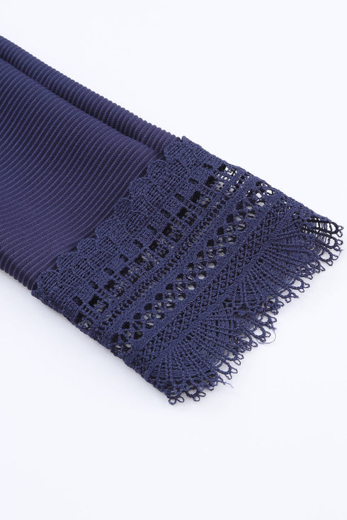 Textured Ribbed V Neck Lace Trim Long Sleeve Top