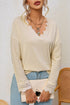 Textured Ribbed V Neck Lace Trim Long Sleeve Top