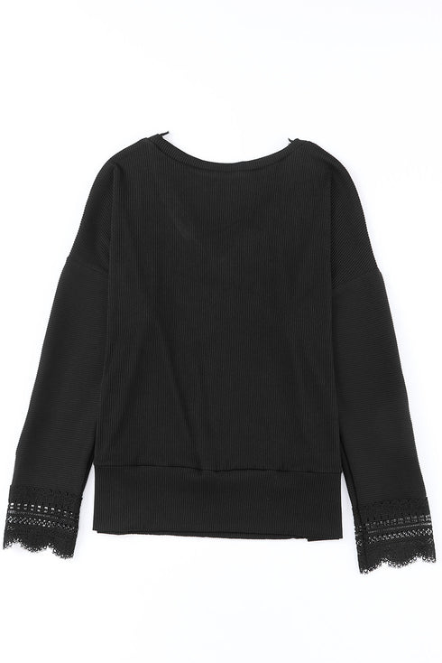 Textured Ribbed V Neck Lace Trim Long Sleeve Top