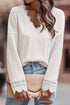 Textured Ribbed V Neck Lace Trim Long Sleeve Top