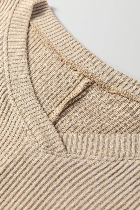 Textured Ribbed V Neck Long Sleeve Two Piece Lounge Set