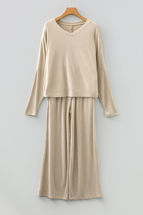 Textured Ribbed V Neck Long Sleeve Two Piece Lounge Set