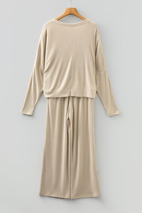 Textured Ribbed V Neck Long Sleeve Two Piece Lounge Set