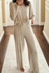 Textured Ribbed V Neck Long Sleeve Two Piece Lounge Set