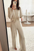 Textured Ribbed V Neck Long Sleeve Two Piece Lounge Set