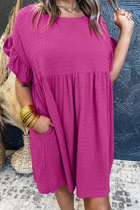 Textured Round Neck Ruffle Sleeve Babydoll Dress