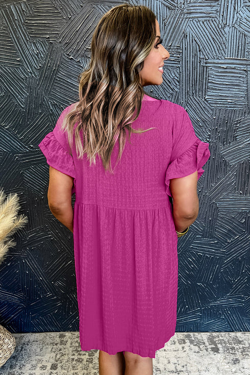 Textured Round Neck Ruffle Sleeve Babydoll Dress