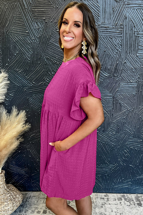 Textured Round Neck Ruffle Sleeve Babydoll Dress