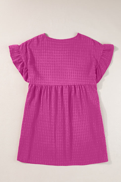 Textured Round Neck Ruffle Sleeve Babydoll Dress