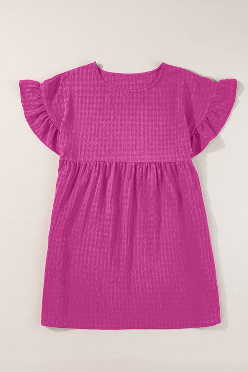 Textured Round Neck Ruffle Sleeve Babydoll Dress