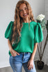 Textured Round Neck Short Puff Sleeve Woven Blouse
