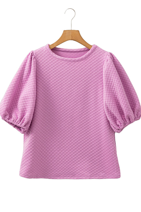Textured Round Neck Short Puff Sleeve Woven Blouse