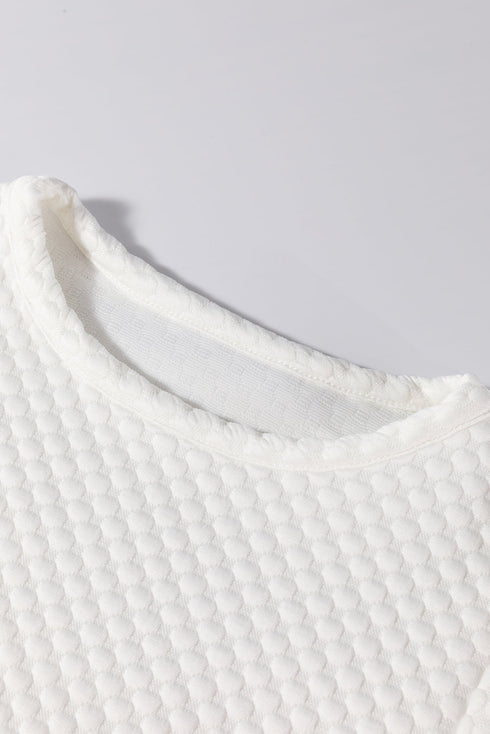 Textured Round Neck Short Puff Sleeve Woven Blouse