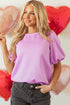 Textured Round Neck Short Puff Sleeve Woven Blouse
