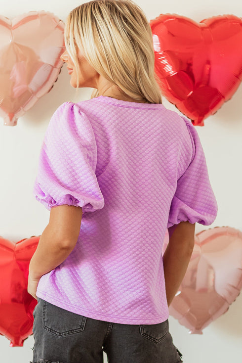 Textured Round Neck Short Puff Sleeve Woven Blouse