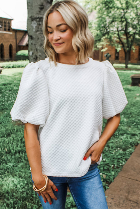 Textured Round Neck Short Puff Sleeve Woven Blouse