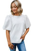 Textured Round Neck Short Puff Sleeve Woven Blouse