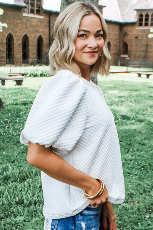 Textured Round Neck Short Puff Sleeve Woven Blouse