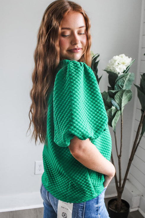 Textured Round Neck Short Puff Sleeve Woven Blouse