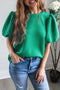 Textured Round Neck Short Puff Sleeve Woven Blouse